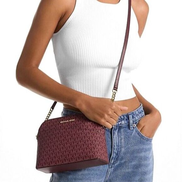 New Michael Kors Jet Set Travel Medium Logo Dome Crossbody Bag Oxblood - Picture 3 of 3